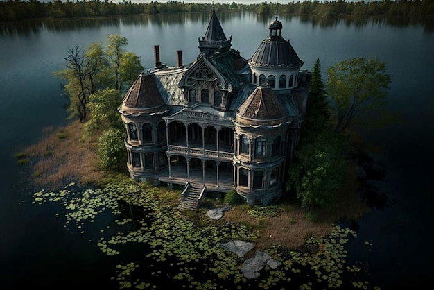 An old abandoned house is surrounded by water and trees.