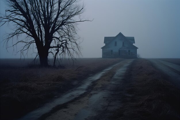 Photo an old abandoned house in the middle of a foggy field