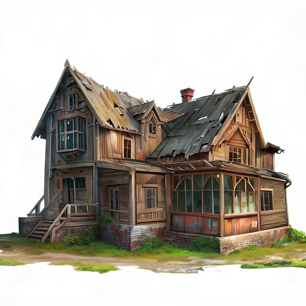 白い背景の古い放棄された家