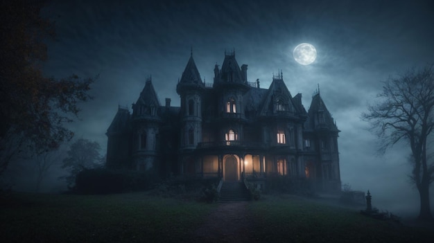 Old abandoned house in the woods at night Horror Halloween concept