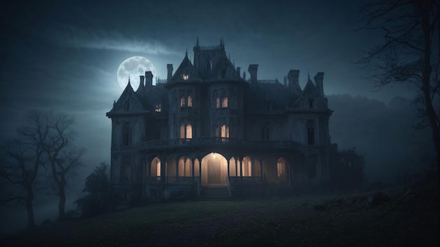 Old abandoned house in the woods at night Horror Halloween concept