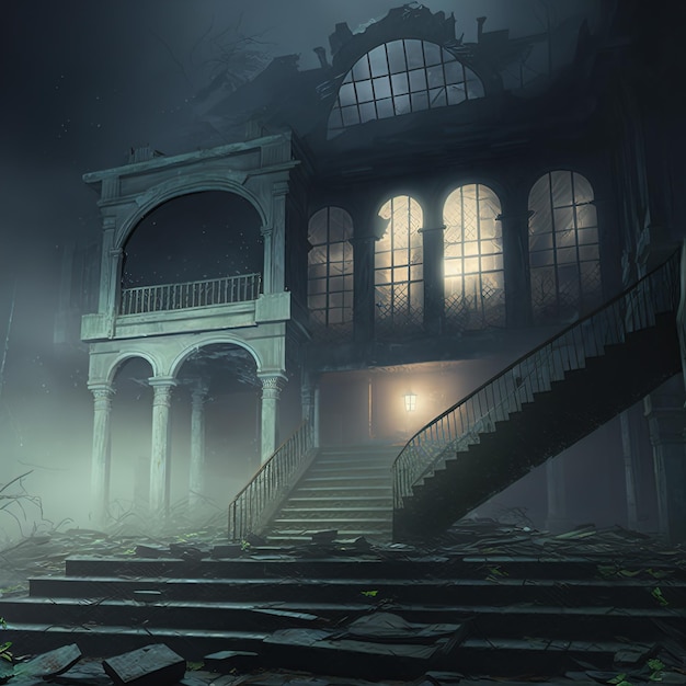 An old abandoned and ruined building with a large staircase 3d rendering. raster illustration