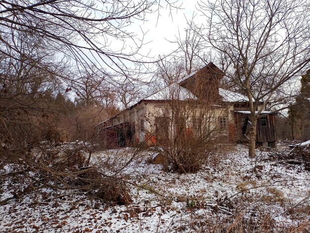 Old abandoned ruined wooden house in the countryside