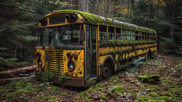 Foto un vecchio autobus scolastico abbandonato si trova in una foresta coperta di muschio e circondata da alberi