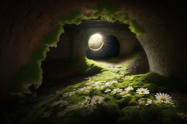 Old abandoned tunnel with daisies Generative AI