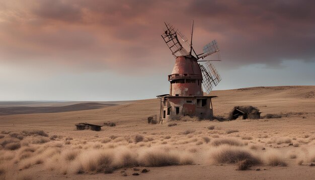 an old abandoned windmill sits in the desert