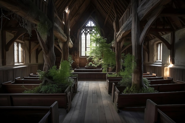 Old abandoned wooden church overgrown with trees