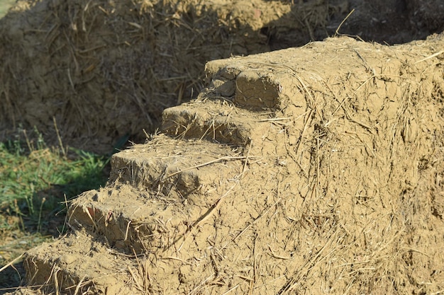 Old adobe wall closeup in sunny day Sample construction of adobe walls