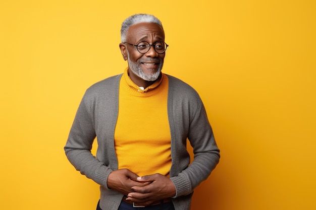 Photo old african american man holding stomach with discomfort from gastritis on yellow background