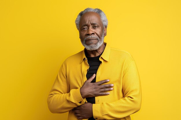 Old african american man holding stomach with discomfort from gastritis on yellow background