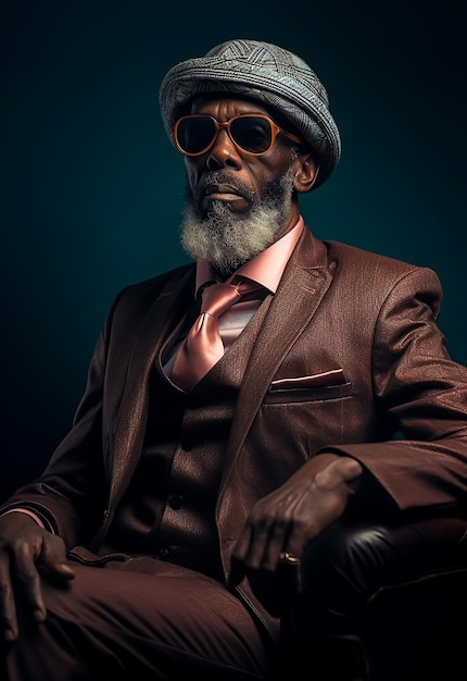 Old Afro fashion model with white beard wearing a trendy classic suit sun Glasses and hat