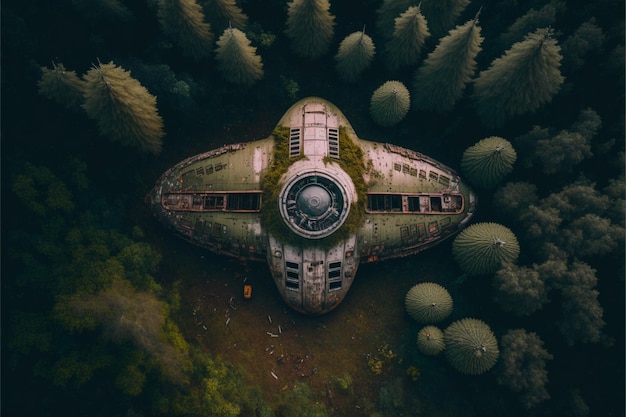 An old airplane sitting in the middle of a forest generative ai
