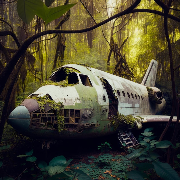 An old airplane sitting in the middle of forest Generative AI