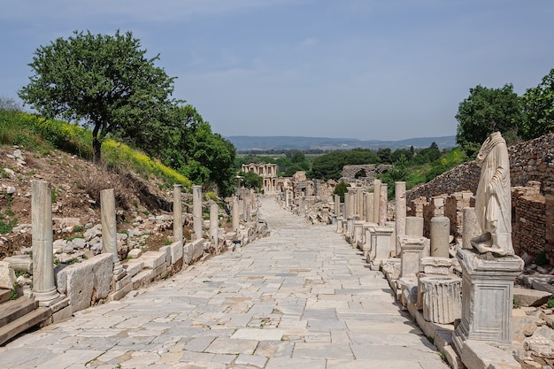 Un vecchio vicolo con colonne antiche che conduce alle rovine di una biblioteca nella città di efeso in turchia