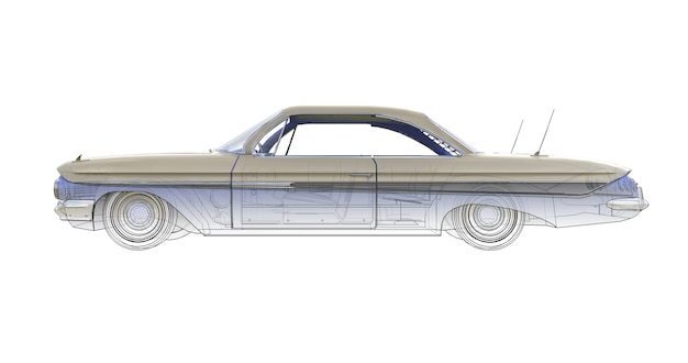 Illustrazione tridimensionale del computer della vecchia automobile americana, combinata con i contorni tecnici del modello. rendering 3d.