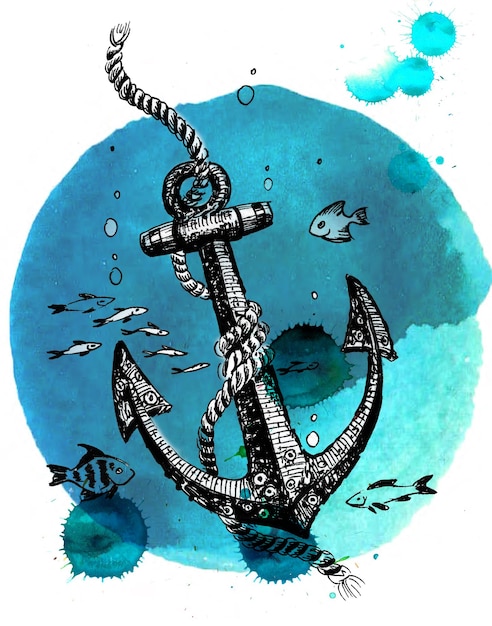 Old anchor in the sea Handdrawn ink and watercolor sketch