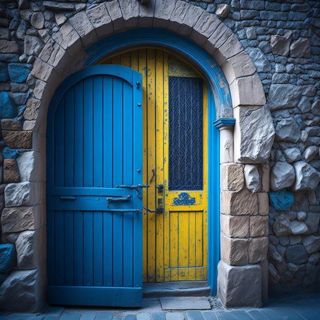 Old ancient colorful textured door and window in a stone wall in Greece Oia Santorini