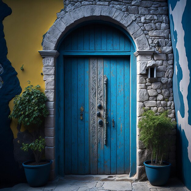 Old ancient colorful textured door and window in a stone wall in Greece Oia Santorini