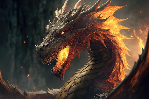Старый древний огненный дракон светящиеся глаза толстые чешуйки рот дракона с большими острыми зубами Фантастическое существо крупным планом в пещере