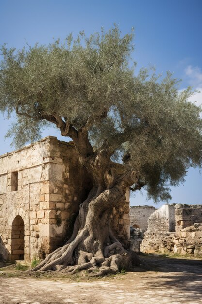 Photo old ancient olive tree in the olive garden in mediterranean