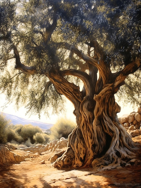 Старое древнее оливковое дерево в оливковом саду в Средиземноморье