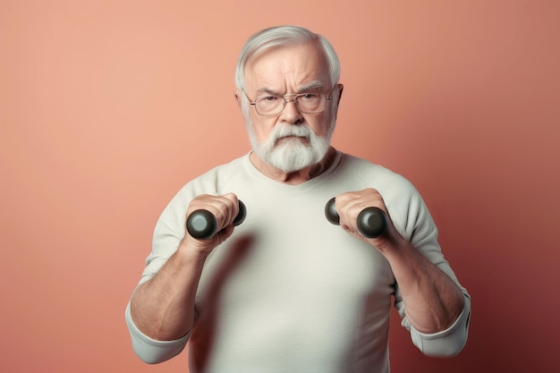 Old angry man with dumbbells on pink background Active lifestyle concept Generative AI illustration