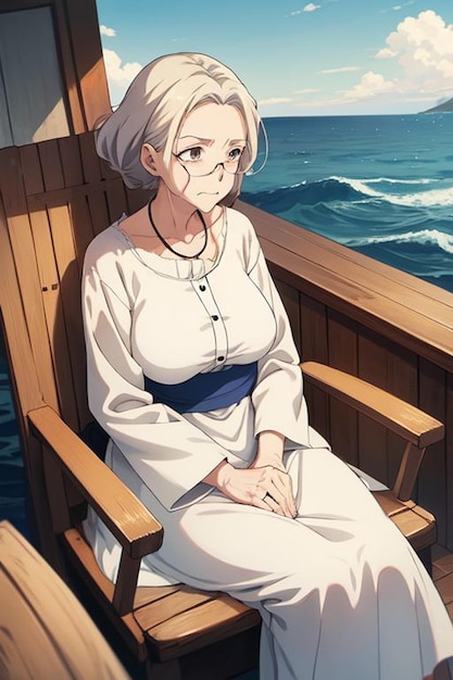 Old anime granny sitting alone at beach side