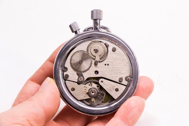 Old antiquary timer clock and humans hand