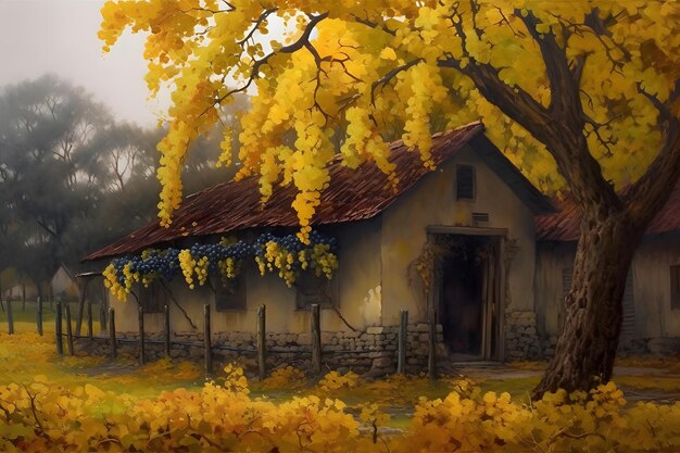 Old antique country house with a colorful wall covered in vines autumn red leaves of the autumn