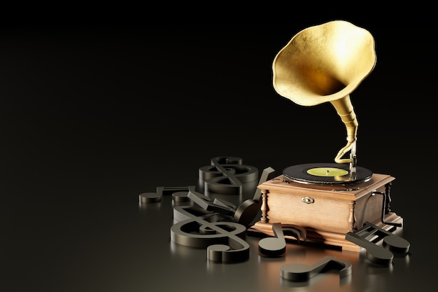 Vecchio grammofono antico o fonografo e note musicali nere su sfondo nero scuro. è un popolare lettore musicale mitico. funziona a vento. il concetto di musica ed estetica. illustrazione 3d.