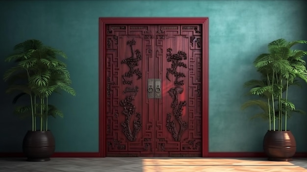 Old antique traditional Chinese carved pattern door with plant Generative AI