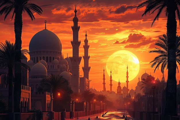 An old Arabic city illuminated by the sunset