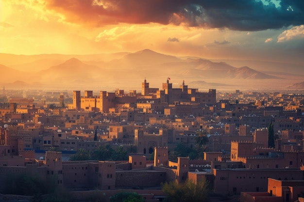 An old Arabic city illuminated by the sunset