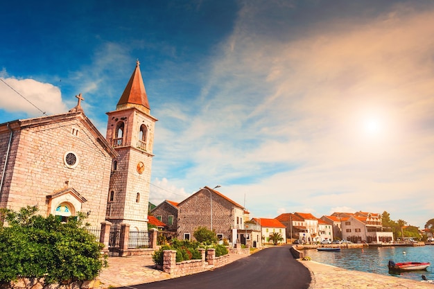 Old architecture in Tivat, Montenegro. Kotor bay, Adriatic sea. Famous travel destination.