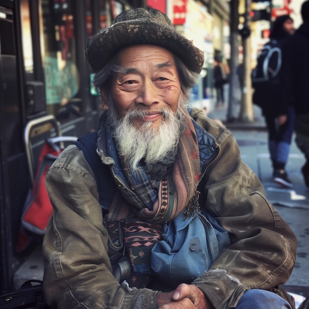 old asian American homeless man sitting in street