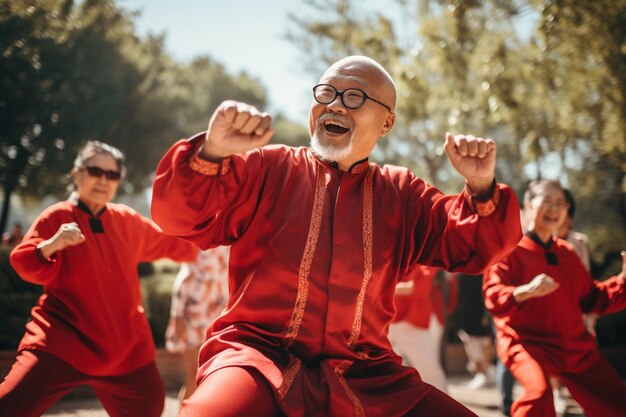 Photo old asian man doing exercise the in the park bokeh style background