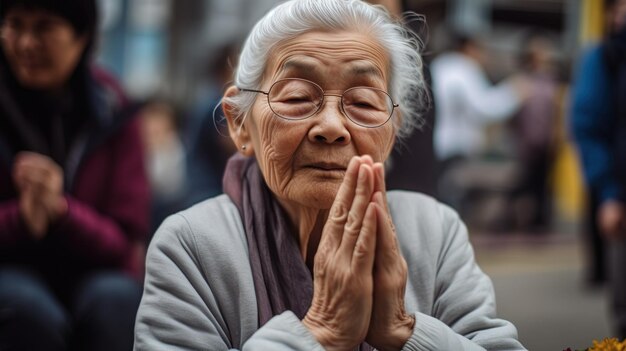 안경을 쓴 은 아시아 여성이 손을 들고 기도하고 있다