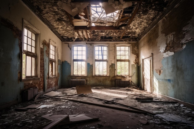 Old asylum with shattered windows and broken furniture left behind