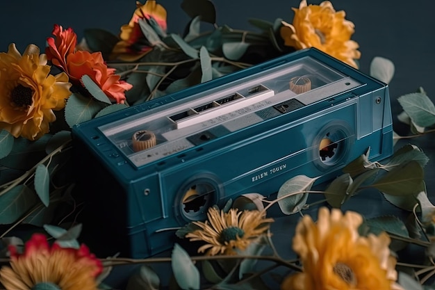 An old audio cassette is decorated with flowers Generative AI