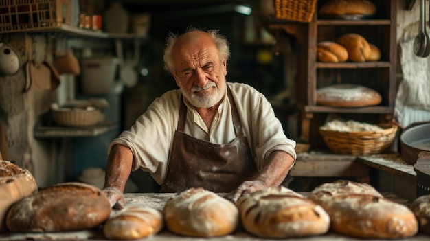 An old baker bakes bread in his small cozy Italian style bakery