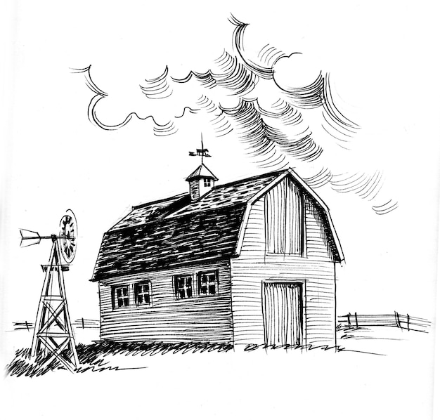 Old barn in the countryside. Ink black and white drawing