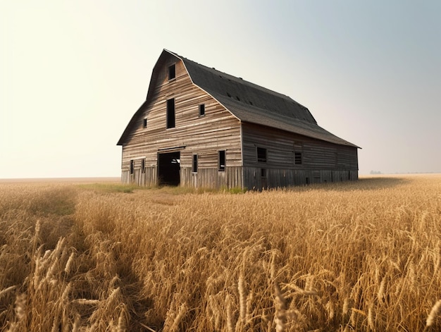 An old barn is in a field of wheat.