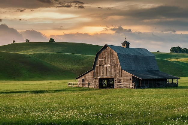 an old barn sits in a field with a sky background