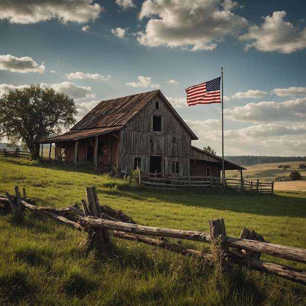 Foto un vecchio fienile con una bandiera americana sul lato