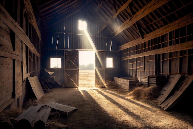 Old barn with sun rays from windows Generative AI Generative AI