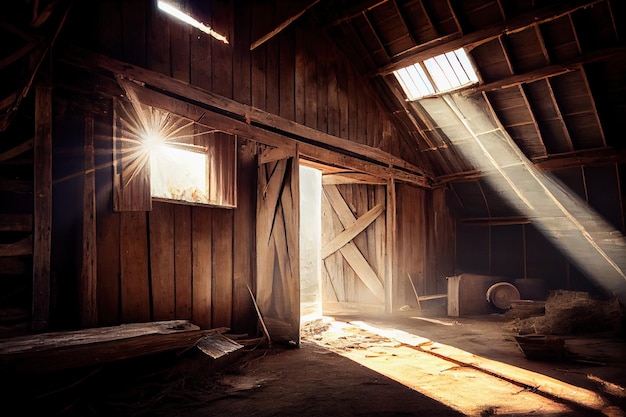 Old barn with sun rays from windows Generative AI Generative AI