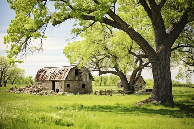 Photo old barns surrounded by spring greenery