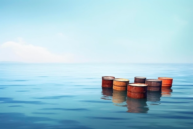 Old barrels of crude oil floating in the sea Ai generated