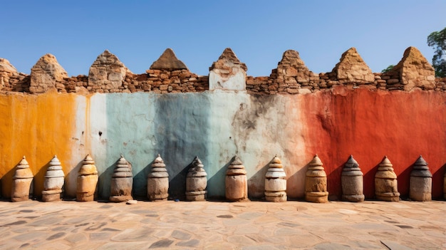 old barrels in front of a wall with a blue sky in the background