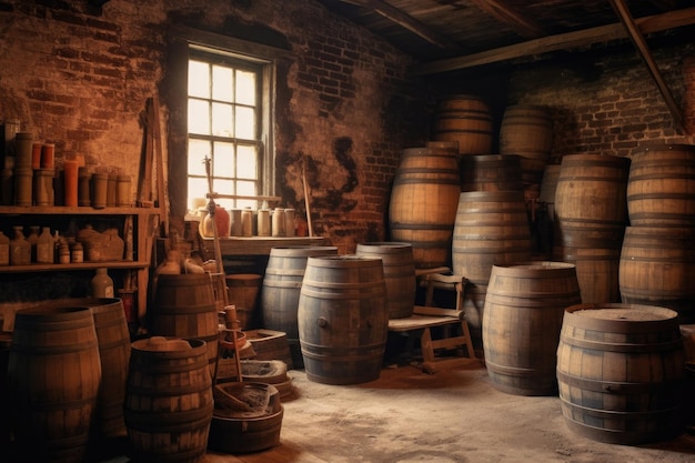 Old barrels stacked in a historic distillery created with generative ai